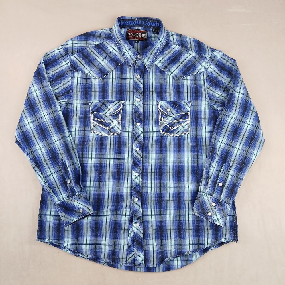 Rock & Roll Cowboy XL Mens Shirt Western‎ Cowboy Pearl Snap Canvas 24x28 Plaid